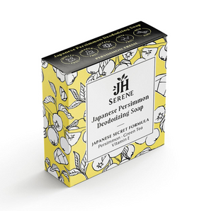 Box of Serene Japanese Persimmon Deodorizing Soap with Japanese secret formula, featuring persimmon, green tea, and vitamin E, in a patterned yellow and white package.