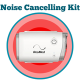 ResMed noise cancelling kit device with power button and logo on a red circular background.
