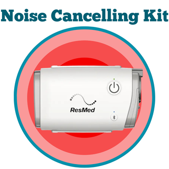 ResMed noise cancelling kit device with power button and logo on a red circular background.