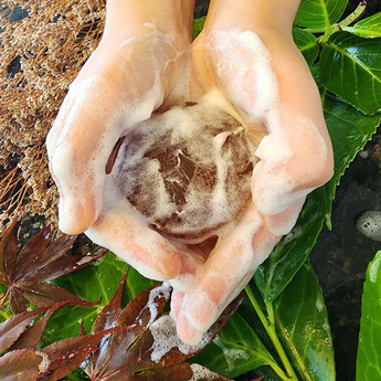 Hands holding a soapy brown bar of handmade soap over fresh green leaves.