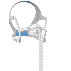 CPAP mask with headgear and flexible tubing for sleep apnea therapy.
