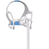 CPAP mask with headgear and flexible tubing for sleep apnea therapy.