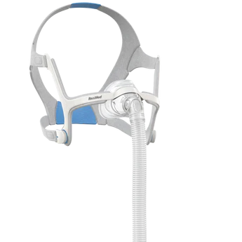 CPAP mask with headgear and flexible tubing for sleep apnea therapy.