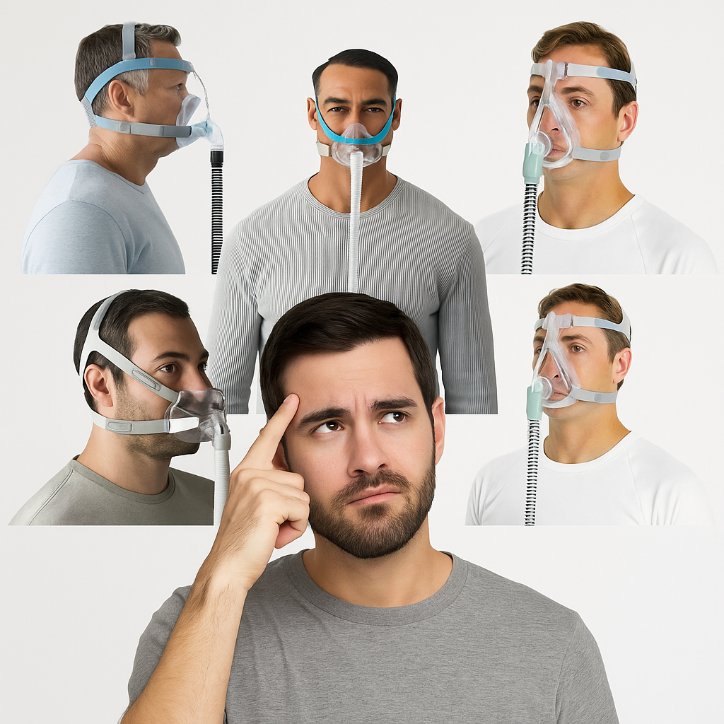 Man contemplating different CPAP masks, including full face and nasal types, set against a white background.