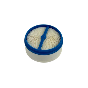 blue and white cylindrical air filter with mesh insert