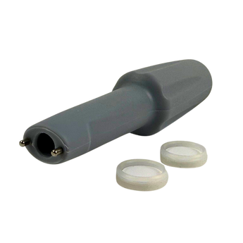 Gray electrical probe with two removable caps, used for testing and measuring electrical signals.