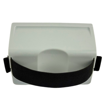 VR headset with black adjustable strap on a white background.