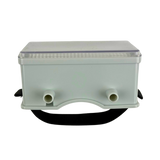 white rectangular plastic container with two front nozzles and a transparent lid