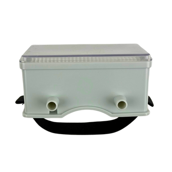 white rectangular plastic container with two front nozzles and a transparent lid