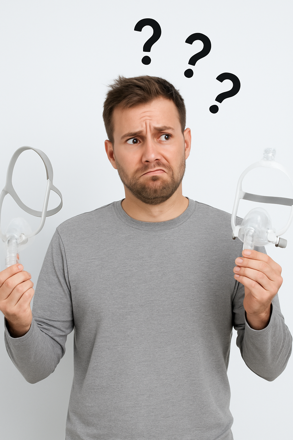Man looking confused while holding two types of mask, with question marks above his head, wearing a gray shirt against a plain background.