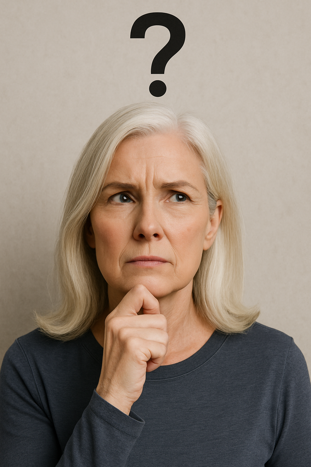 Senior woman with gray hair looking thoughtful, holding her chin, with a question mark above her head.