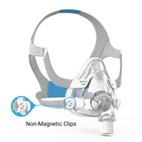CPAP full-face mask with non-magnetic clips and adjustable headgear.