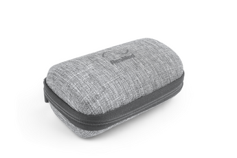 Gray fabric zippered carrying case with textured finish on a white background.