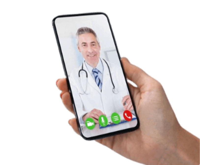 Hand holding smartphone displaying video call with a smiling doctor wearing a white coat and stethoscope.
