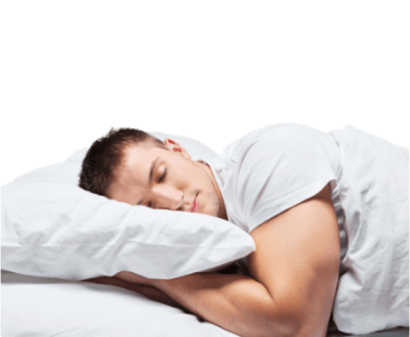 Man sleeping peacefully on a white pillow with a white blanket in a comfortable position.