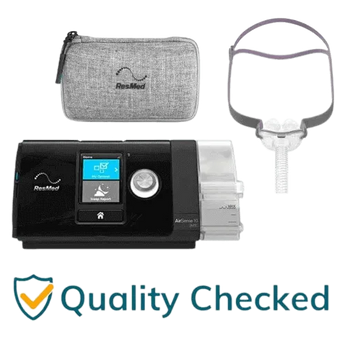 ResMed AirSense 10 CPAP machine with carrying case, nasal mask, and quality checked badge.