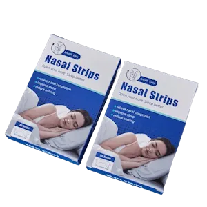 Two boxes of nasal strips featuring a sleeping woman, used for relieving nasal congestion and enhancing sleep quality.