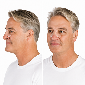 A side-by-side comparison of a man wearing a clear, transparent, curved nasal adhesive strip. The left image shows him in profile with the strip applied to his nose, and the right image shows him facing forward with the same strip applied to his nose.